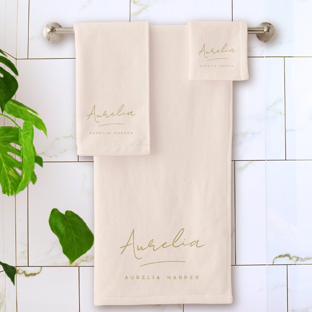 Monogram Minimalistisch Blush Pink Script Signatur Badhandtuch Set (Von Creator hochgeladen)