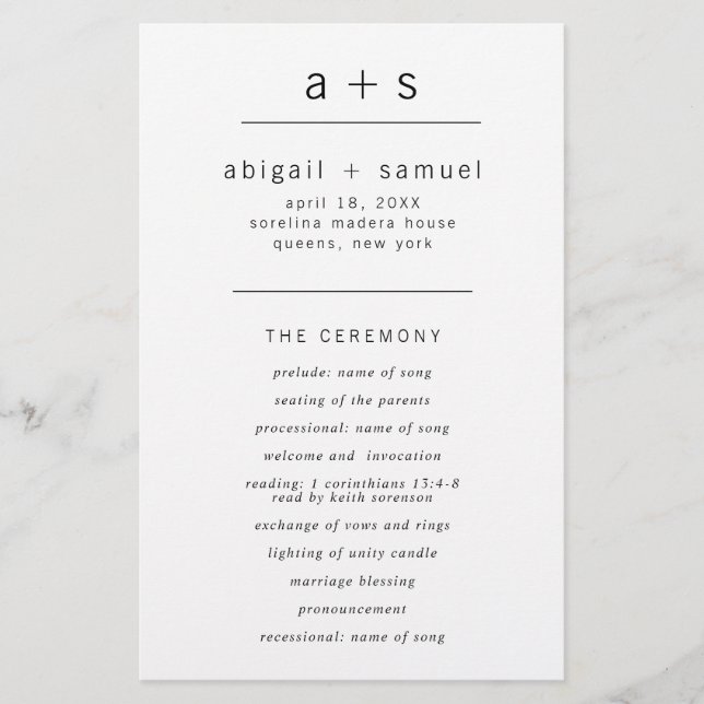 Monogram Minimalistisch Budget Wedding Program Flyer (Vorne)