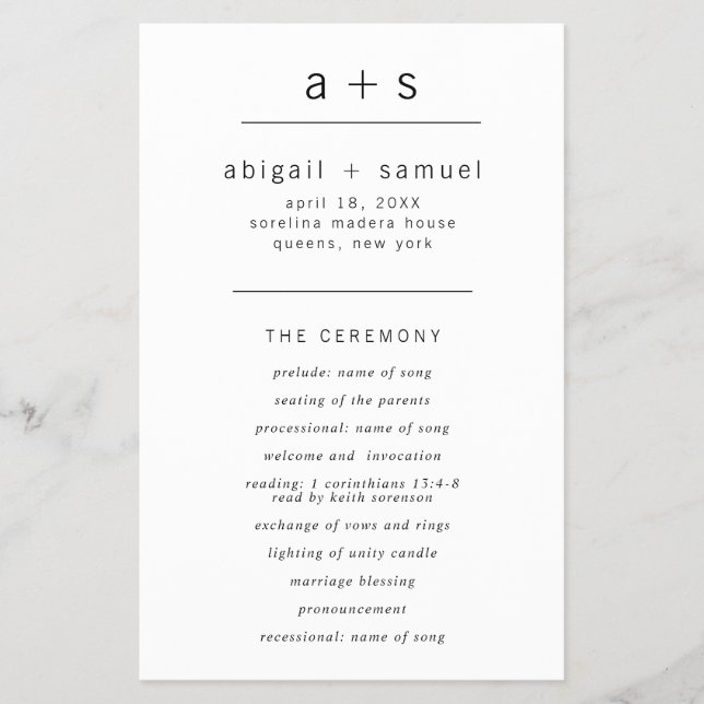 Monogram Minimalistisch Budget Wedding Program Flyer (Vorne)