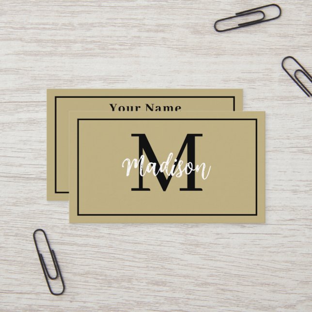 Monogram Minimalistisch Moderner Tan und Schwarze  Visitenkarte (Vorderseite/Rückseite Beispiel)