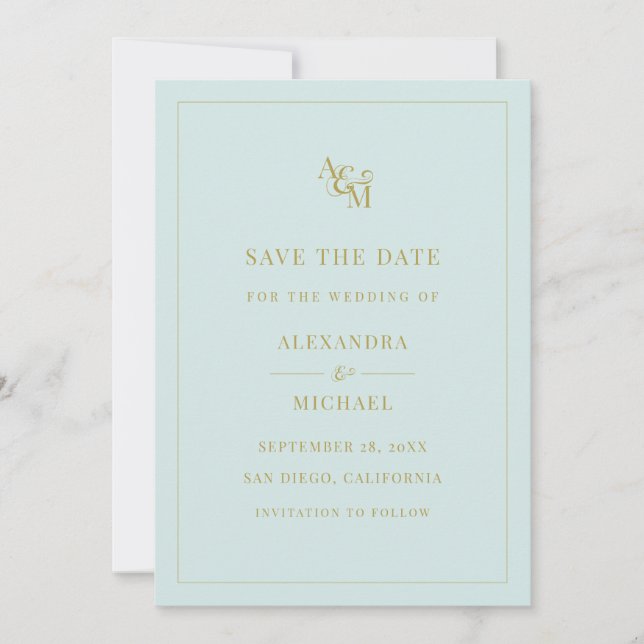 Monogram Mint Türkise Simple Modern Wedding Save The Date (Vorderseite)