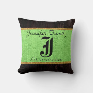 Monogram Minze Green Rustic Burlap Linen Wood Look Kissen