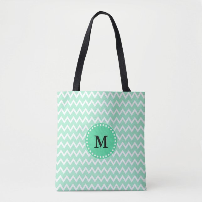 Monogram Minze Green und White Zickzack Pattern (Vorderseite)