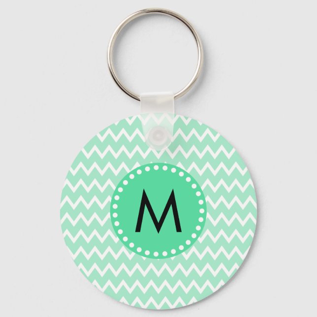 Monogram Minze Green und White Zickzack Pattern Schlüsselanhänger (Vorderseite)