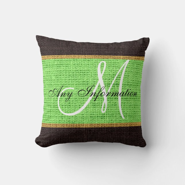 Monogram Minze grün Rustic Burlap Jute Kissen (Vorderseite)