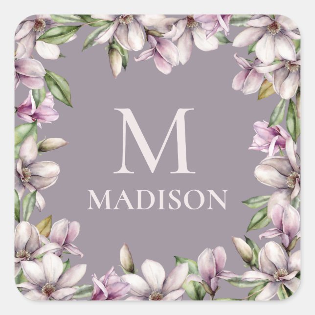 Monogram Mit Monogramm Magnolia Floral Personalisi Quadratischer Aufkleber (Vorderseite)