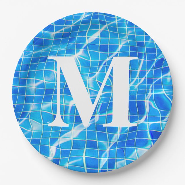 Monogram Mit Monogramm Swimming Blue Pool Aquatic Pappteller (Vorderseite)