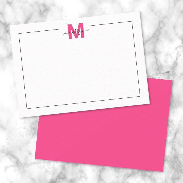 Monogram Mitteilungskarte (Black Pink Script Name Monogram Note Card)