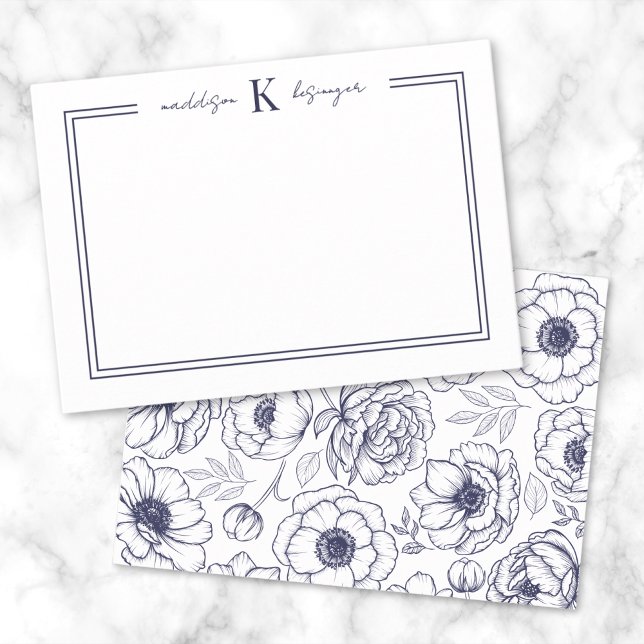 Monogram Mitteilungskarte (Navy Blue Floral Name Monogram Note Card)