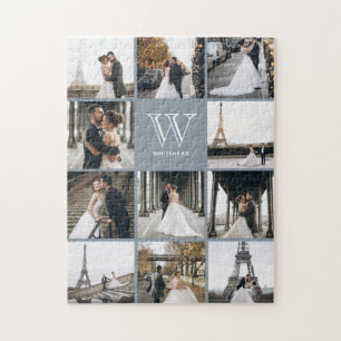 Monogram Modern 9 Foto Collage Dusty Blue Puzzle