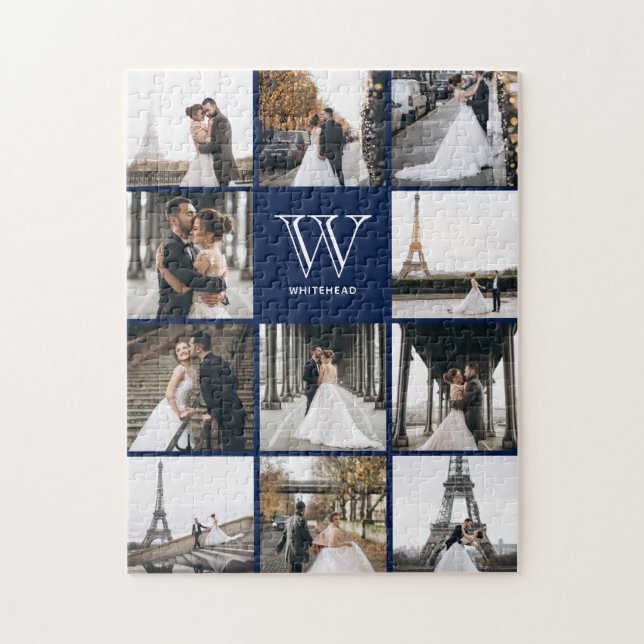 Monogram Modern 9 Foto Collage Navy Blue Puzzle (Vertikal)