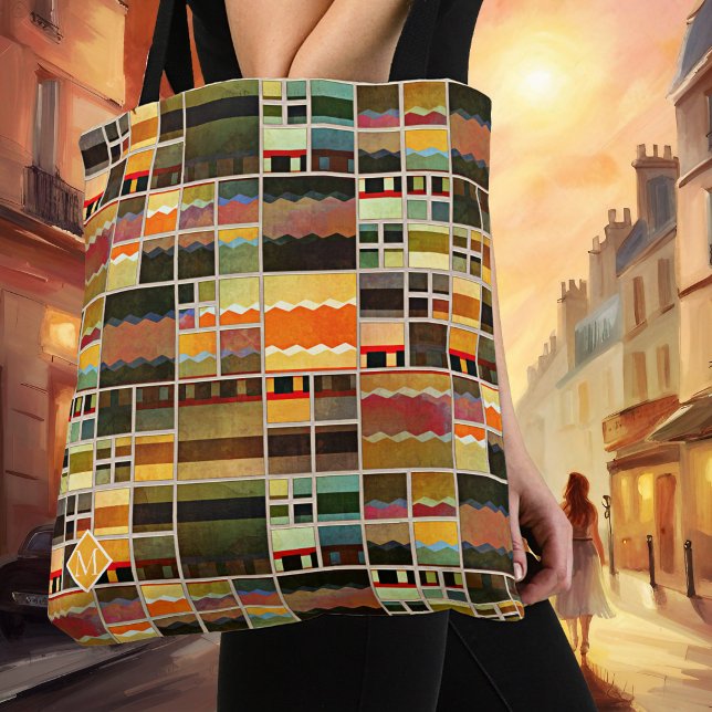 Monogram Modern Art Muster Designer Totbeutel (Tote bag featuring a vibrant geometric pattern in stained glass style)