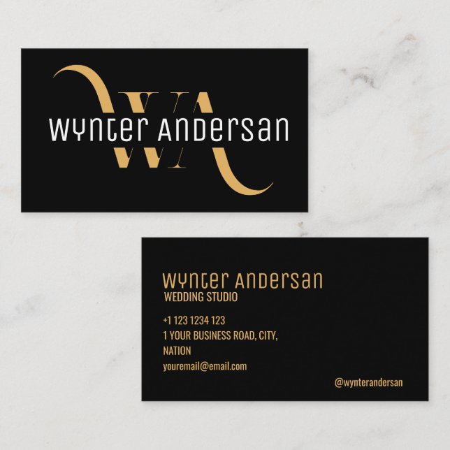 Monogram Modern Black Gold Chic Minimal Custom Visitenkarte (Vorne/Hinten)