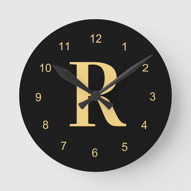 Monogram Modern Black Gold Runde Wanduhr (Vorderseite)
