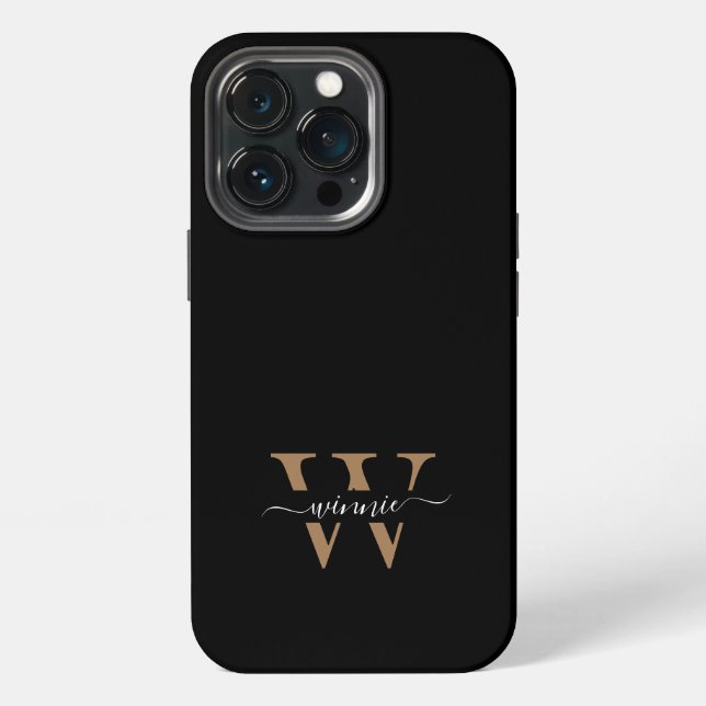 Monogram Modern Black Gold Script Name iPhone Hülle (Hinten)