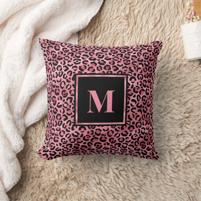 Monogram Modern Black Pink Leopard Print Kissen (Decke)