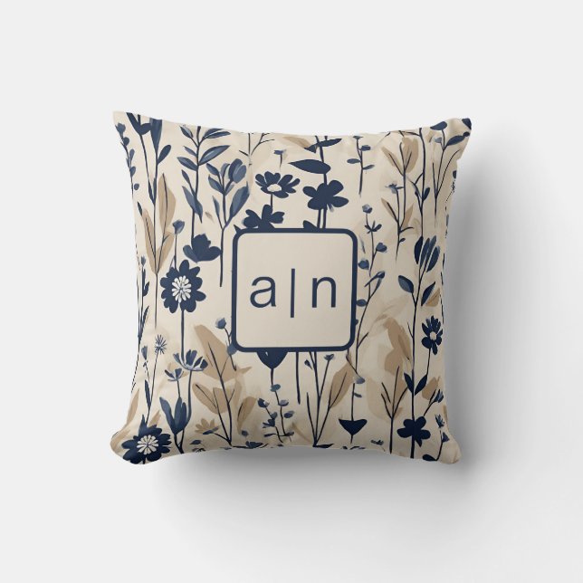 Monogram Modern Blue Floral Kissen (Vorderseite)