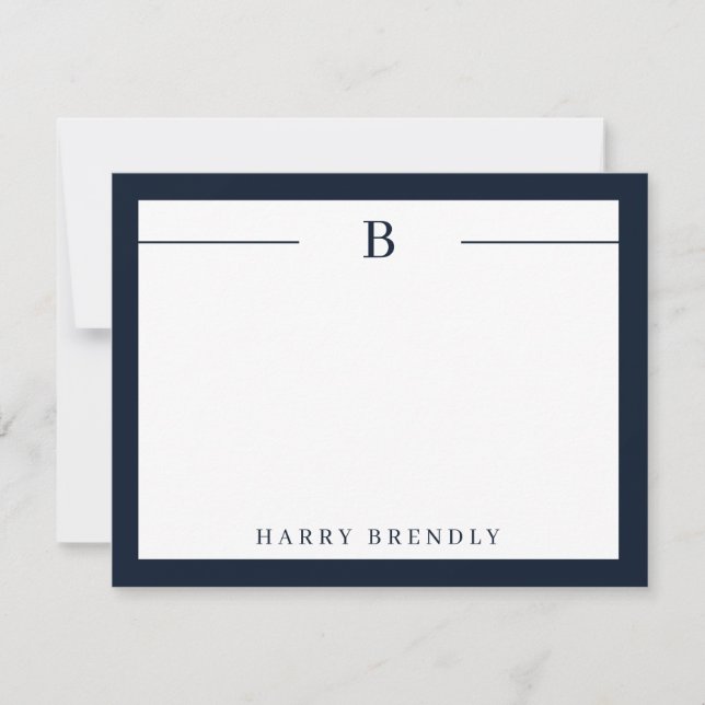 Monogram, Modern Border Navy White Flat Note Card Mitteilungskarte (Vorderseite)