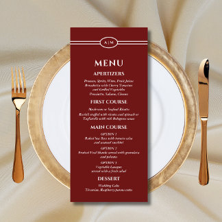 Monogram Modern Burgundy Christian Wedding Menu Menükarte