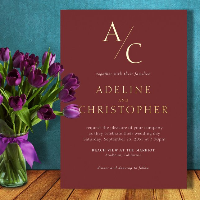 Monogram Modern Burgundy Gold Folieneinladung (Von Creator hochgeladen)