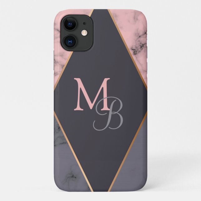 Monogram Modern Chic Girly Pink Gray Marmor Case-Mate iPhone Hülle (Rückseite)