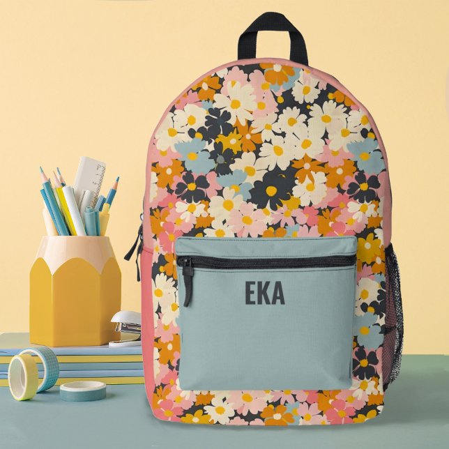 Monogram Modern Colorful Floral Girls School Bedruckter Rucksack (A pretty floral pattern with your monogram name decorates this school backpack.)