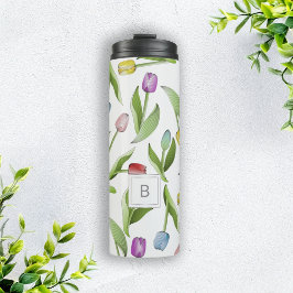 Monogram, Modern Colorful Tulip Pattern Thermosbecher