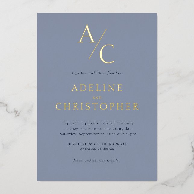 Monogram Modern Dusty Blue Gold Folieneinladung (Vorderseite)