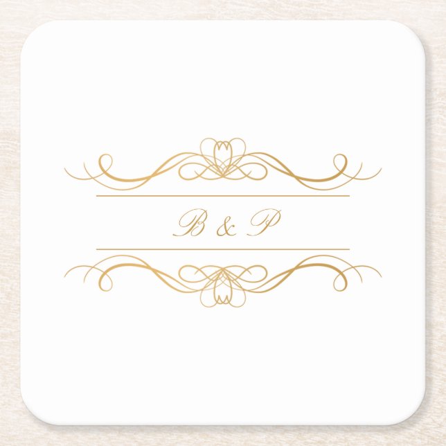 Monogram Modern Elegant Gold Swirl Wedding Rechteckiger Pappuntersetzer (Vorderseite)