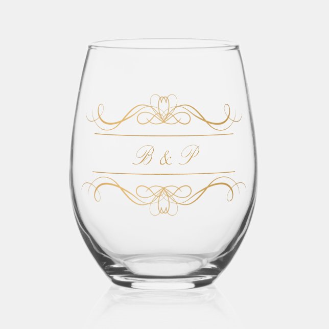 Monogram Modern Elegant Gold Swirl Wedding Weinglas Ohne Stiel (Vorderseite)