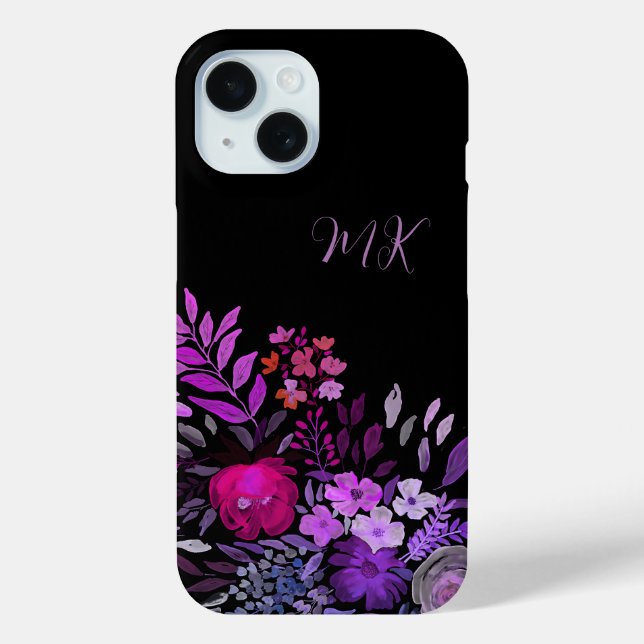 Monogram Modern Feminine Lila Pink Floral Black Case-Mate iPhone Hülle (Rückseite)