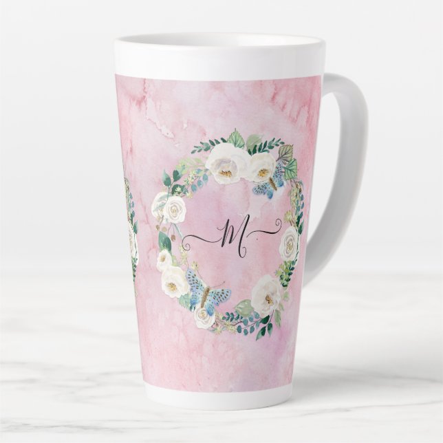 Monogram Modern Floral Butterfly Watercolor Pink Milchtasse (Rechte Ecke)