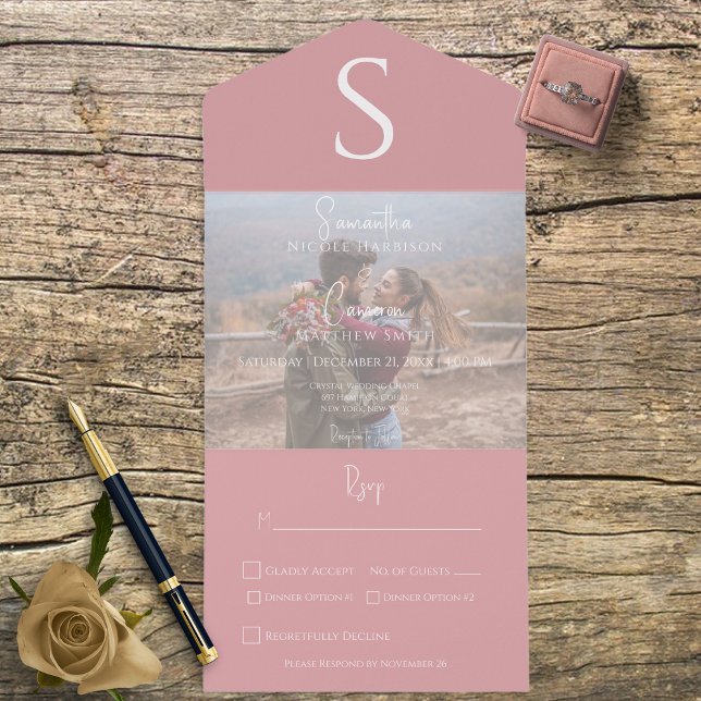Monogram Modern Foto Dusty Pink Dinner All In One Einladung (Von Creator hochgeladen)
