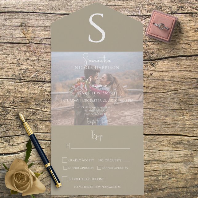 Monogram Modern Foto Khaki Tan Dinner All In One Einladung (Von Creator hochgeladen)