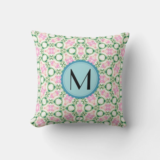 Monogram Modern Geometric Pink Floral Pattern Kissen (Vorderseite)