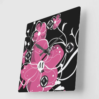 Monogram Modern Girl-Pink und White Blume Quadratische Wanduhr