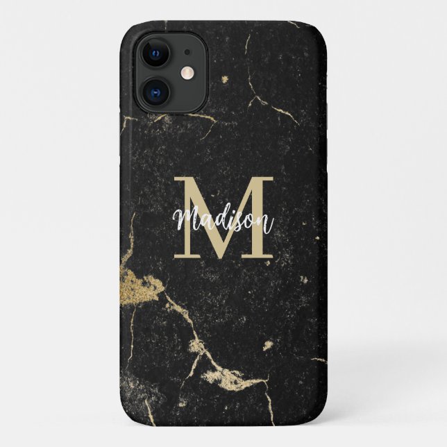 Monogram Modern Gold Schwarz Marmor Case-Mate iPhone Hülle (Rückseite)