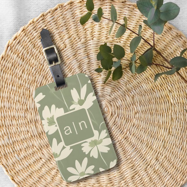 Monogram, Modern Green Floral Gepäckanhänger (Von Creator hochgeladen)