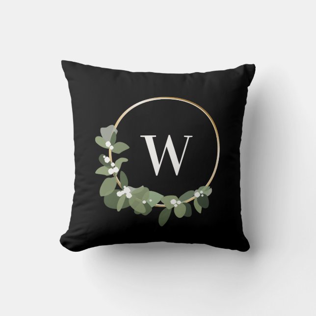 Monogram Modern Half Wreath Green Black Christmas Kissen (Vorderseite)