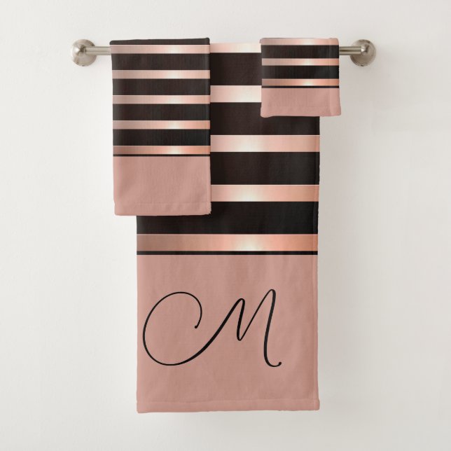 Monogram Modern Lachs Pink Stripes on Black Badhandtuch Set (Insitu)