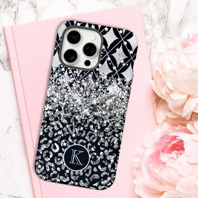 Monogram Modern Leopard Print Glitzer Personalisie iPhone Hülle (Von Creator hochgeladen)