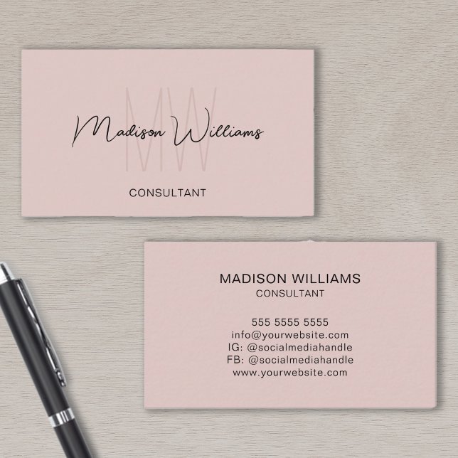 Monogram Modern Logo Name Blush Pink Consultant Visitenkarte (Monogram Modern Logo Name Blush Pink Consultant Business Card)