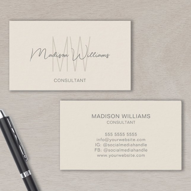 Monogram Modern Logo Name Creme Tan Consultant Visitenkarte (Monogram Modern Logo Name Cream Tan Consultant Business Card)