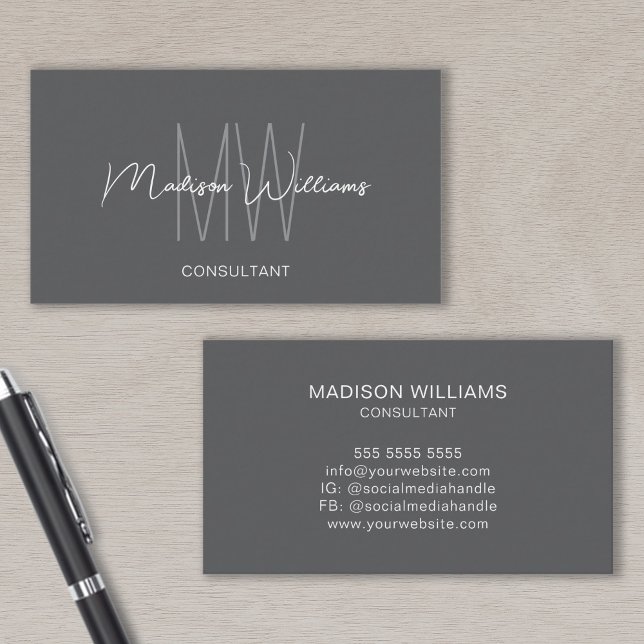 Monogram Modern Logo Name Grau Consultant Visitenkarte (Monogram Modern Logo Name Gray Consultant Business Card)