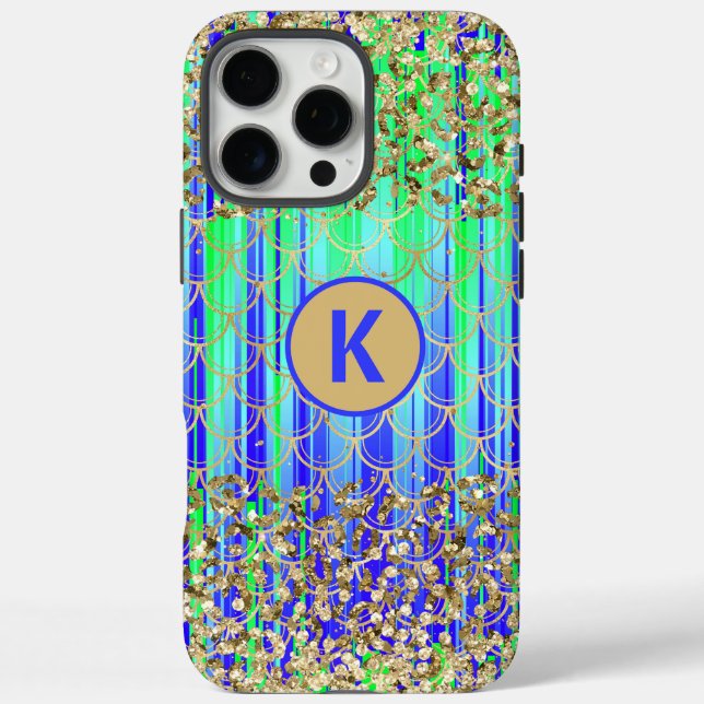 Monogram Modern Mermaid Glitzer Green Blue Case-Mate iPhone Hülle (Rückseite)