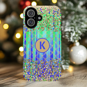 Monogram Modern Mermaid Glitzer Green Blue iPhone 16 Hülle