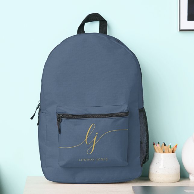 Monogram Modern Minimal Navy Blue Gold Initials Bedruckter Rucksack (Von Creator hochgeladen)