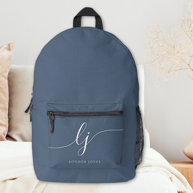 Monogram Modern Minimal Navy Blue White Initials Bedruckter Rucksack (Von Creator hochgeladen)