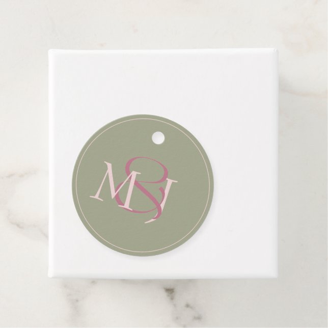 Monogram Modern Minimalist Green & Pink Wedding Geschenkanhänger (Beispiel)