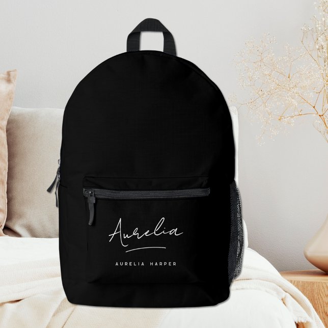 Monogram Modern Minimalistisch Black Script Name Bedruckter Rucksack (Von Creator hochgeladen)
